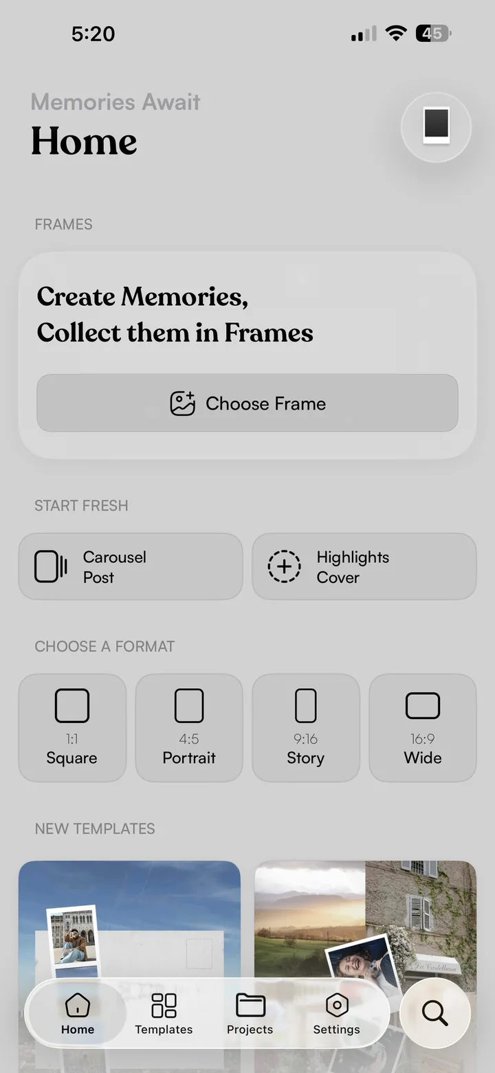 The Frames home screen on iPhone